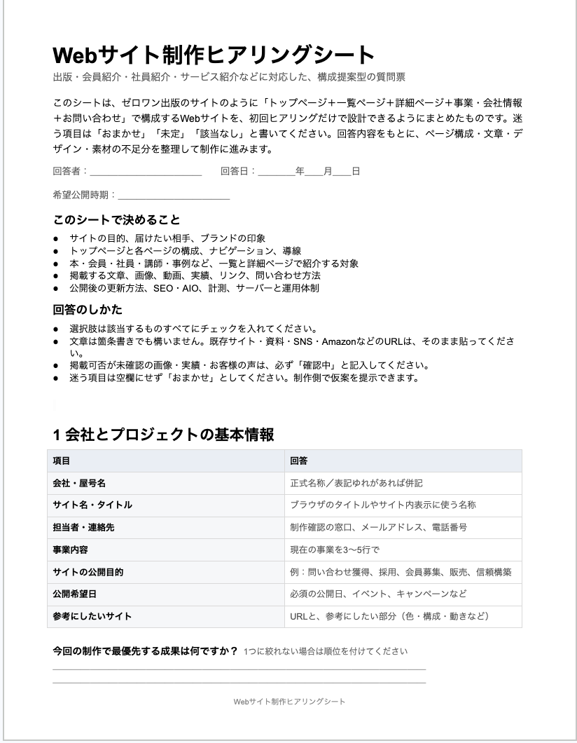 Webサイト制作ヒアリングシートのサンプル。基本情報、サイトの目的、掲載内容などを記入する質問票