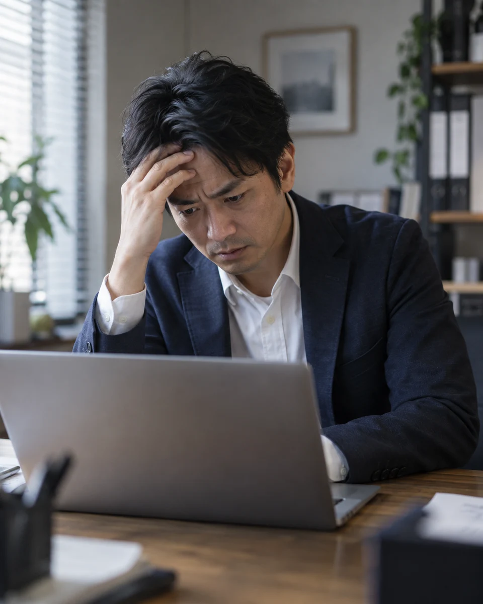 サイトの異変に気づき、パソコンの前で頭を抱える日本人男性のイメージ